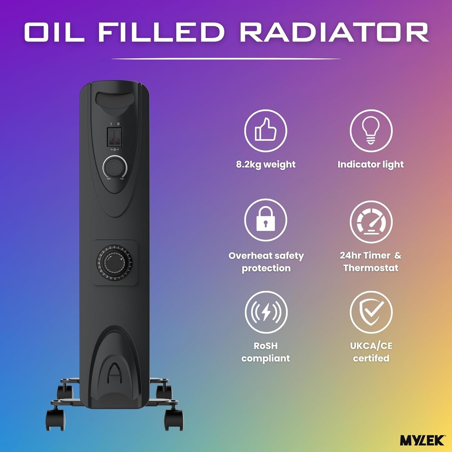 2500W Oil Filled Radiator Heater With Timer Portable Electric Thermostat