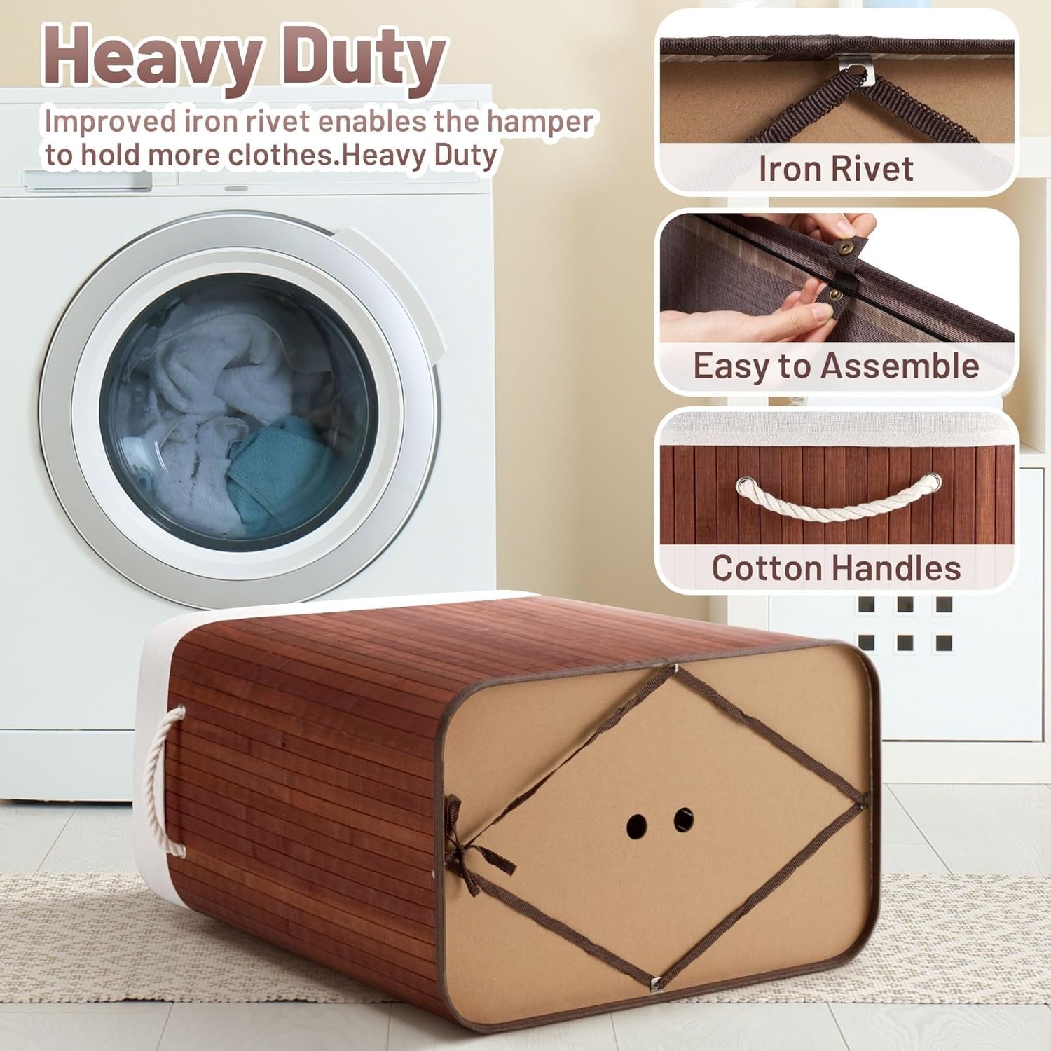 150L Large Bamboo Laundry Hamper 3-Section Basket w/ Lid & Handles | Bedroom Bat