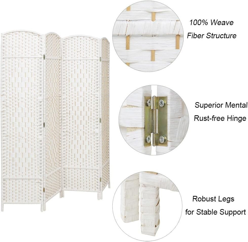 White 4 Panel Wicker Folding Room Divider Handwoven Privacy Screen 170cm