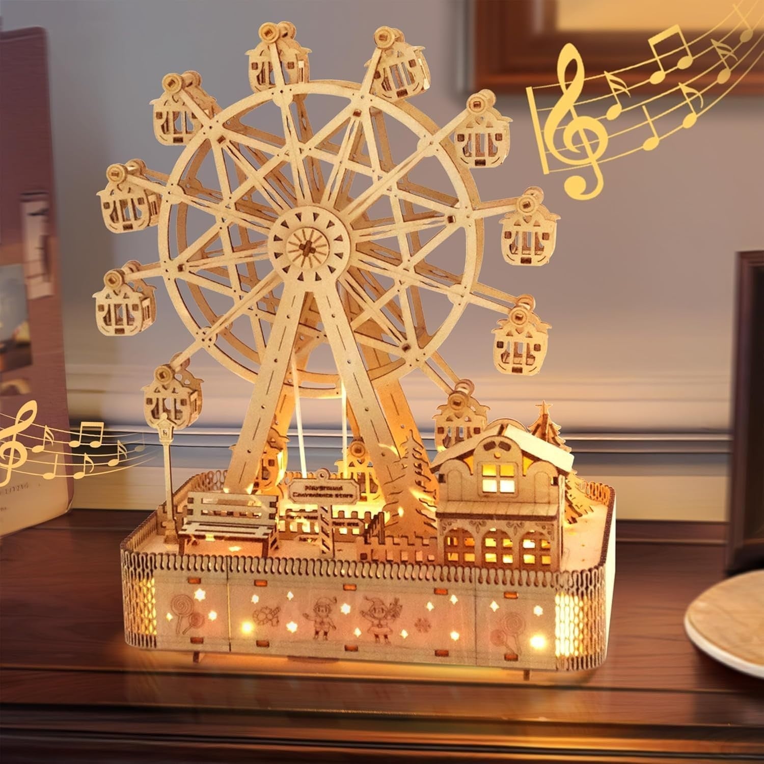 DIY Wooden Ferris Wheel Puzzle Kit – Music Box Model w/ LED Lights Gift