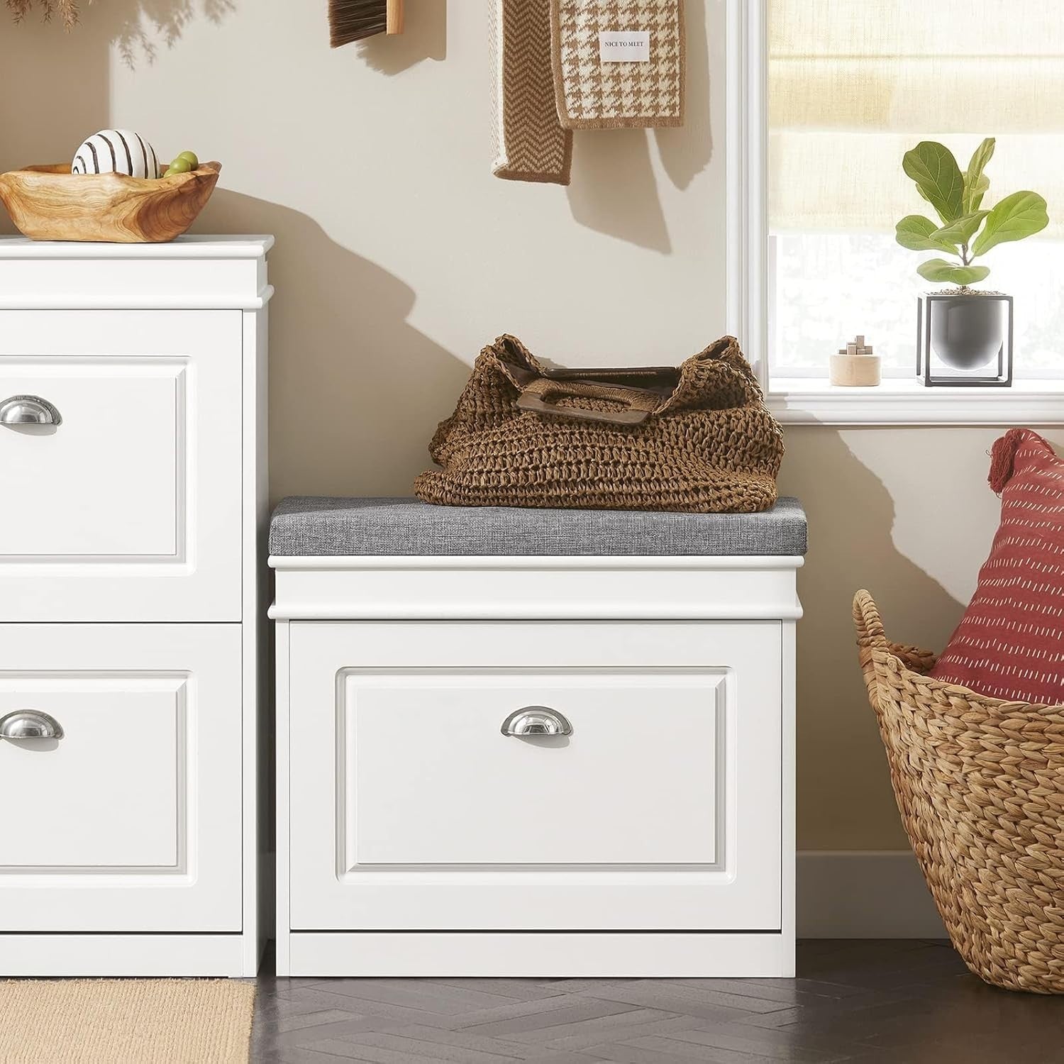 Narrow Shoe Storage Bench with Flip Drawer & Cushion, 60x24x51 cm White