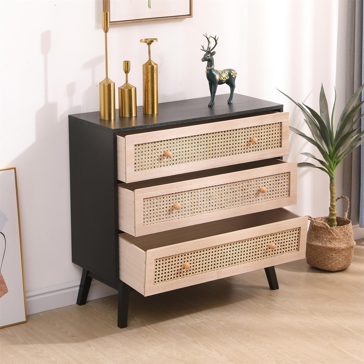 Black Frame Rattan Chest 3 Drawer Storage Cabinet Wood Dresser 80cm