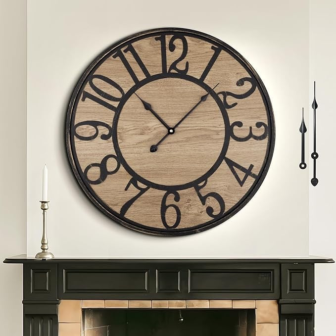 Vintage Wood Wall Clock 34cm Silent Rustic Metal Large Farmhouse Home Decor