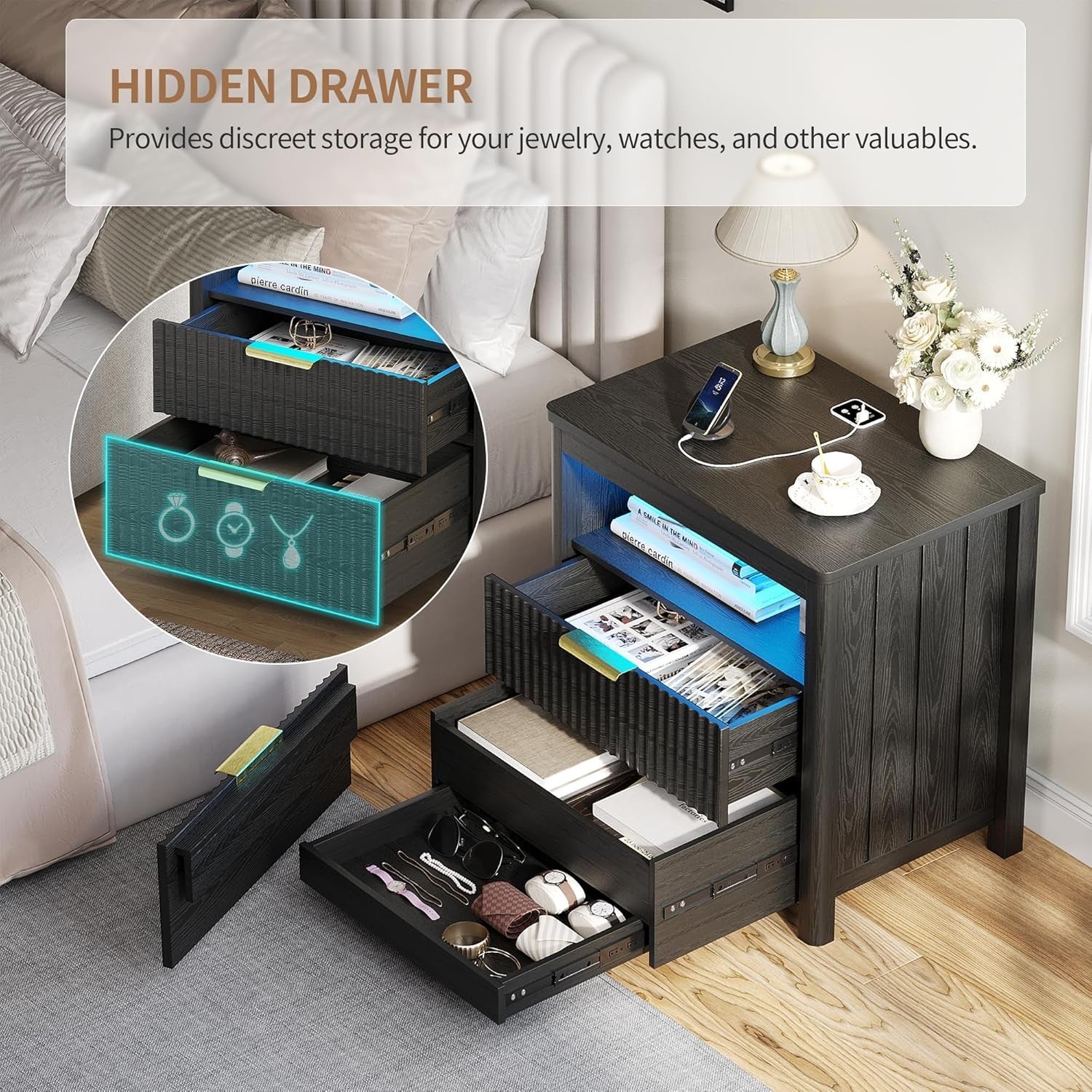 Set of 2 Black 24" Smart Bedside Tables with Charging Station, LED & 3 Drawers