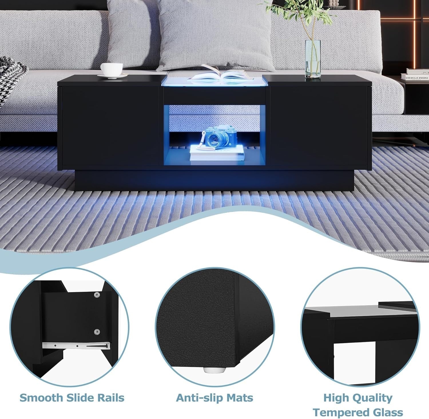 LED Coffee Table with Storage & 2 Drawers – Modern Tempered Glass, RGB Lights