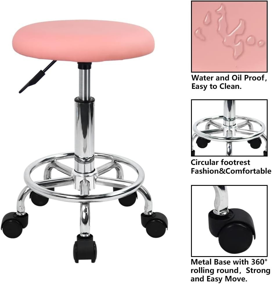 Pink Adjustable Swivel Stool with Wheels – PU Leather Seat for Salon & Home