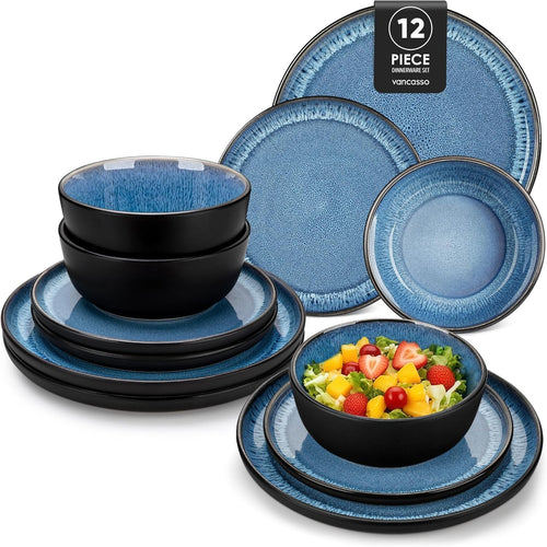 12pc Blue Stoneware Dinner Set Reactive Glaze Plates Bowls Microwave Safe