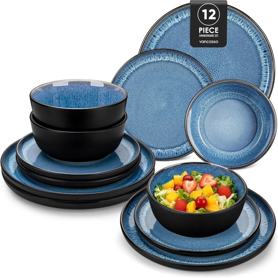 12pc Blue Stoneware Dinner Set Reactive Glaze Plates Bowls Microwave Safe