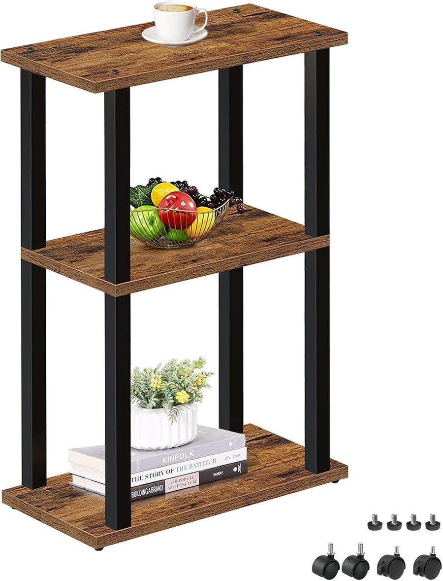 Narrow Small Side Table with Wheels & 3-Tier Storage, Adjustable Feet, Brown