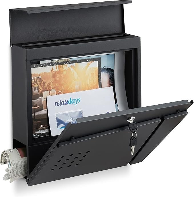 Wall Mounted Lockable Mailbox with Newspaper Holder – Modern Design, Black
