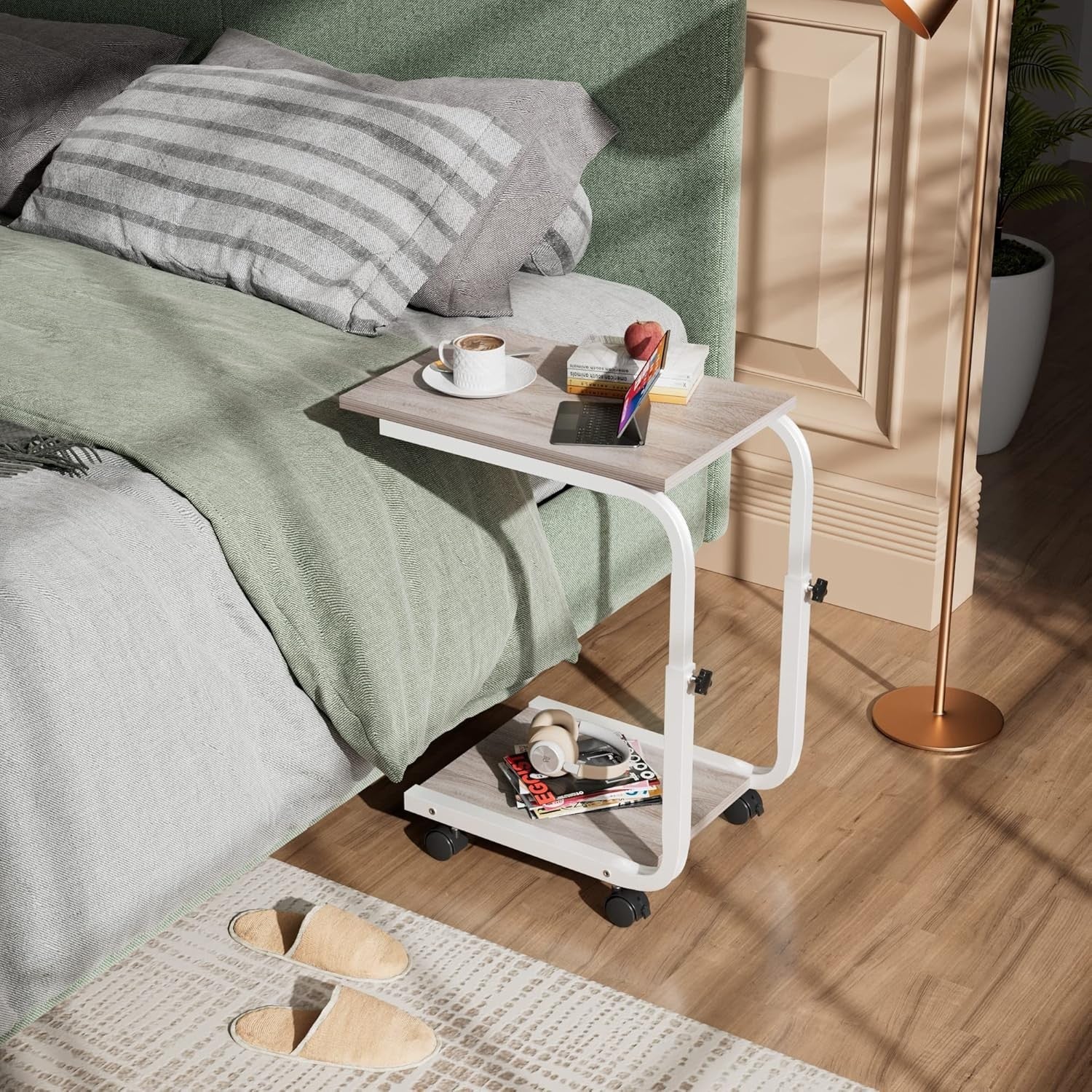 Height Adjustable Side Table – 45x30x65cm End/Bedside Table Oak White