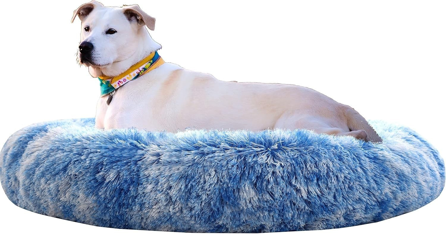 XXL Calming Donut Dog Bed 100cm Anti Anxiety Faux Fur Blue