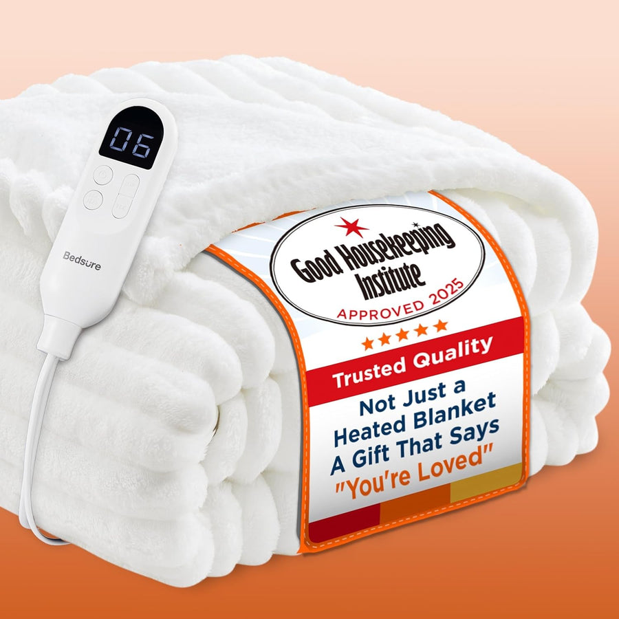 Cream Striped Electric Heated Throw Blanket 6 Heat Timer Fast Warm 160x130cm