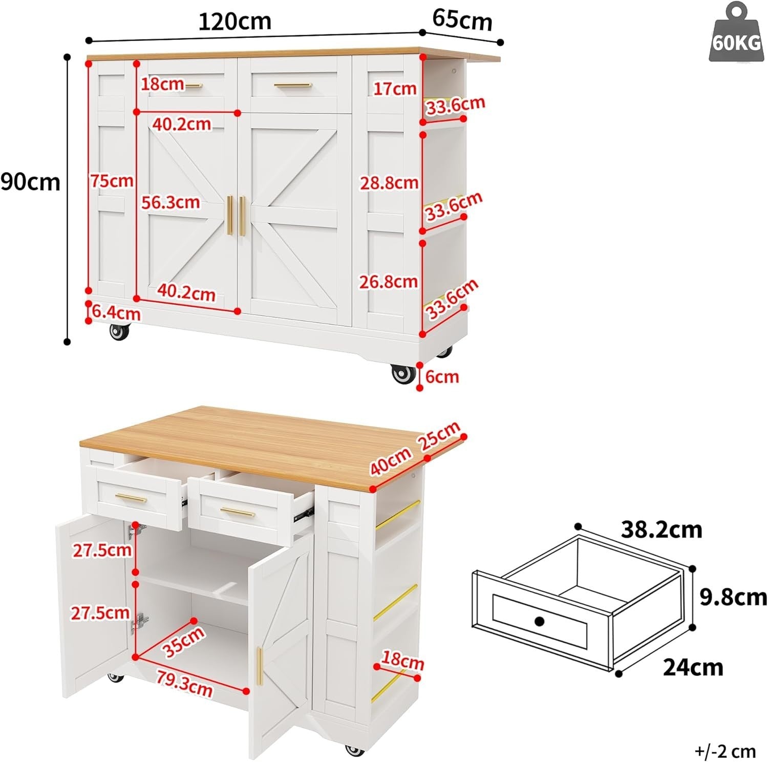 Rolling Kitchen Island with Foldable Worktop, 2 Drawers & Dual Storage Racks