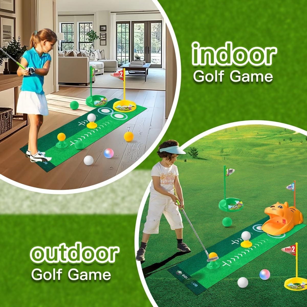 Kids Golf Training Set with Auto Ball Return LED Practice Mat & Clubs