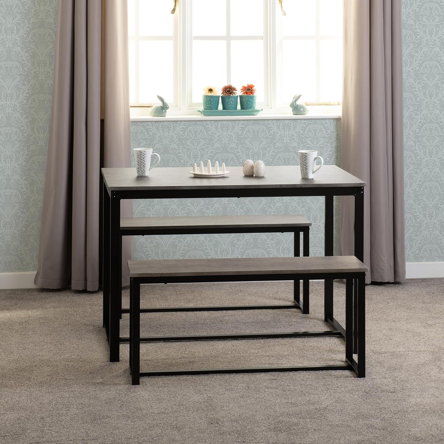 Modern 3-Piece Dining Bench & Table Set – Stone Effect, Compact & Sturdy