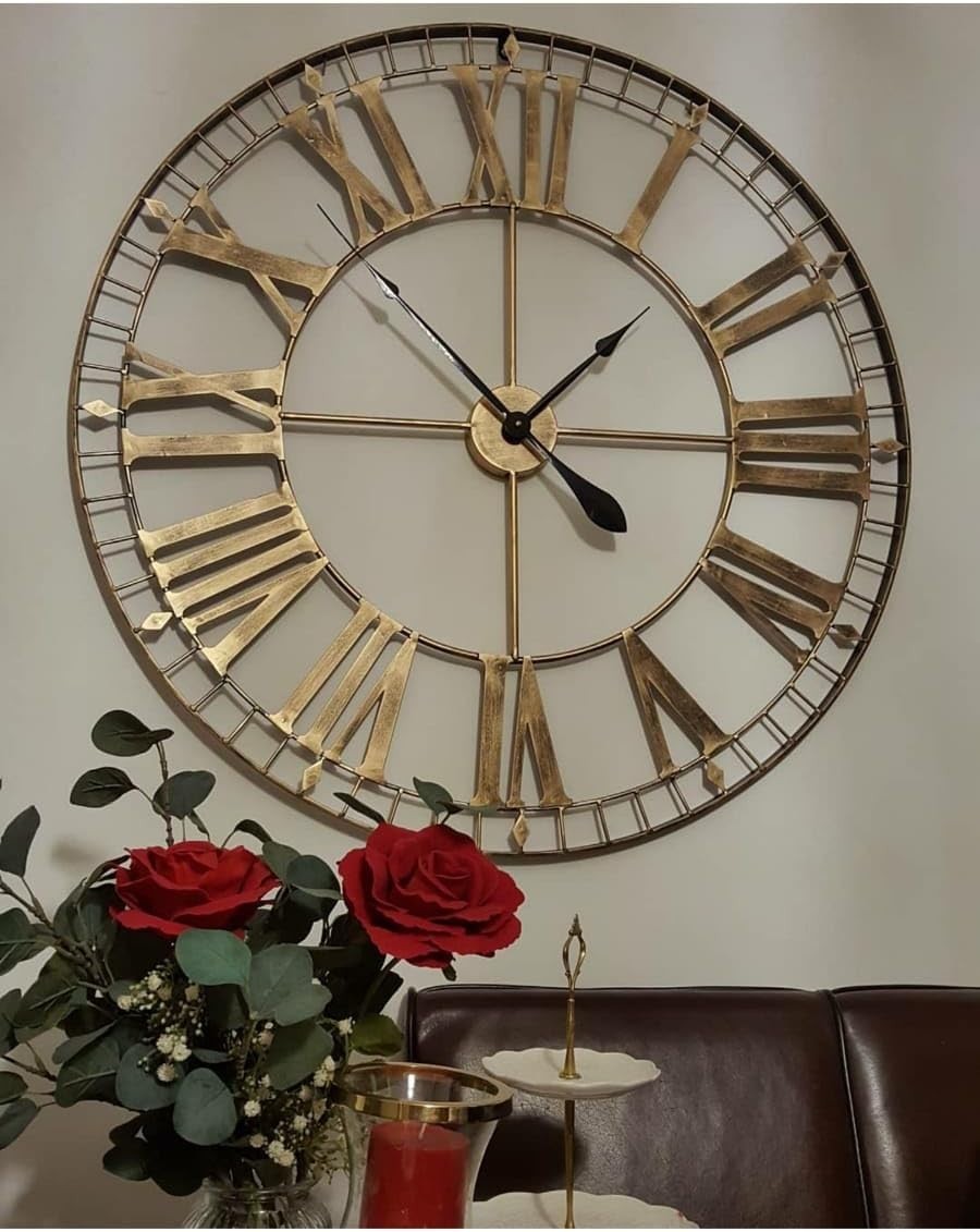 88cm Rustic Gold Skeleton Wall Clock Large Roman Numerals Living Room