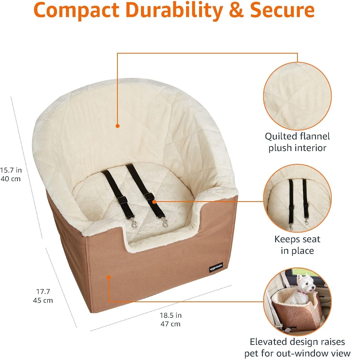 Dog Car Booster Seat Elevated Pet Travel Bed Washable Beige 47cm