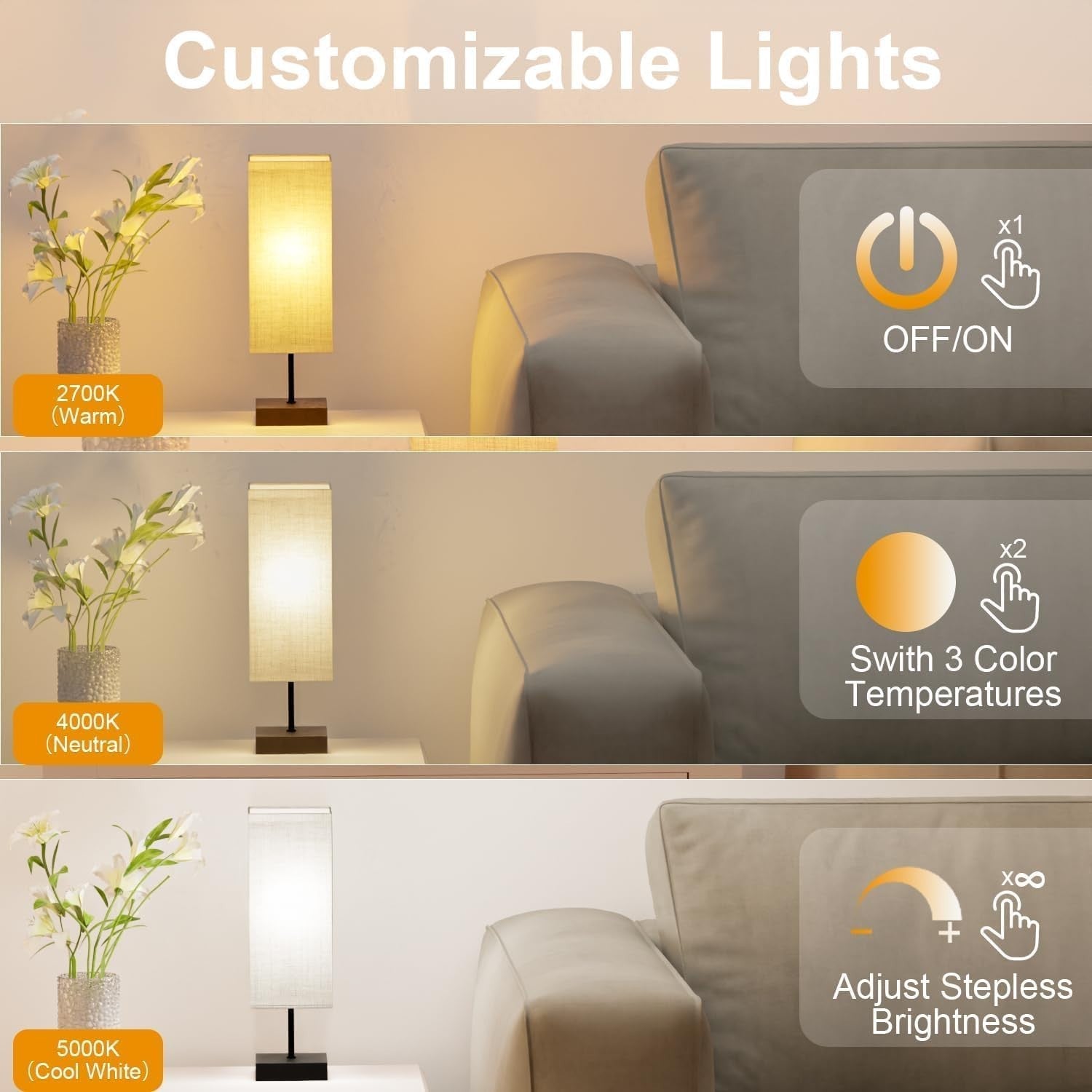 Touch Bedside Lamps Set of 2 USB A+C Dimmable Fabric Shade Nightstand