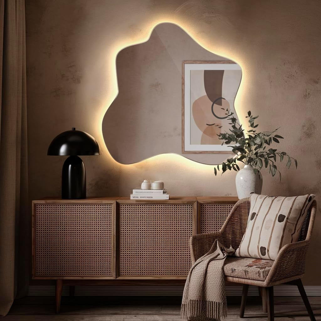 LED Illuminated Wavy Wall Mirror 77x76 cm Warm Light Modern Decor