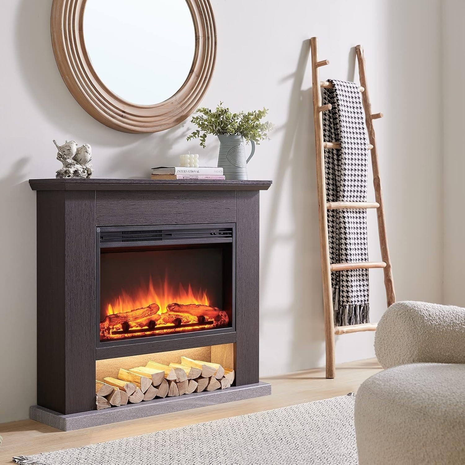 Electric Freestanding Fireplace 2000W Heater LED Flame Effect Remote