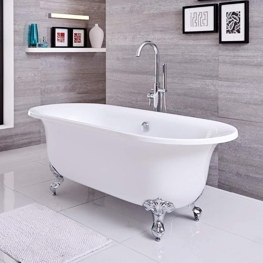 Freestanding Roll Top Bath 1730x780mm White Gold Claw Feet