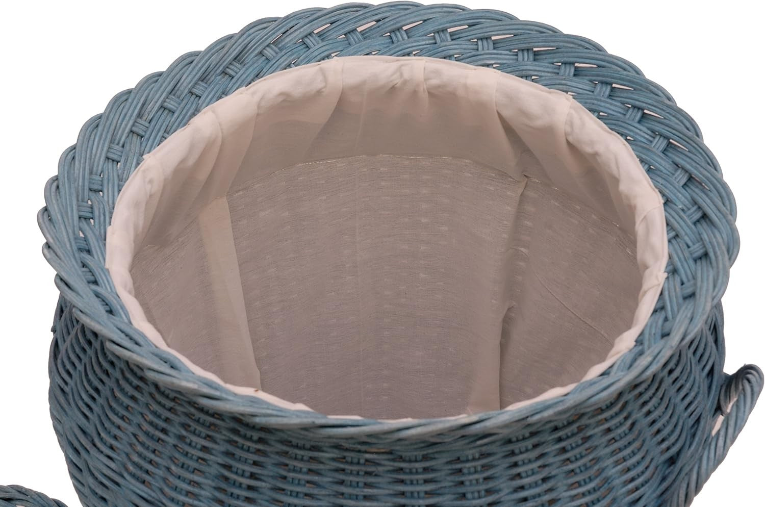 Round Rattan Laundry Basket with Lid 59cm Tall Handmade Woven Hamper Blue