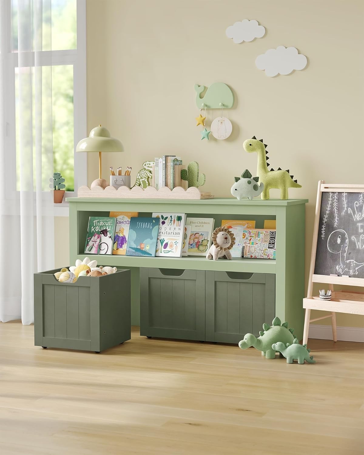 Kids Toy Storage Cabinet Green with Wheels – 3 Drawer Bookcase Unit