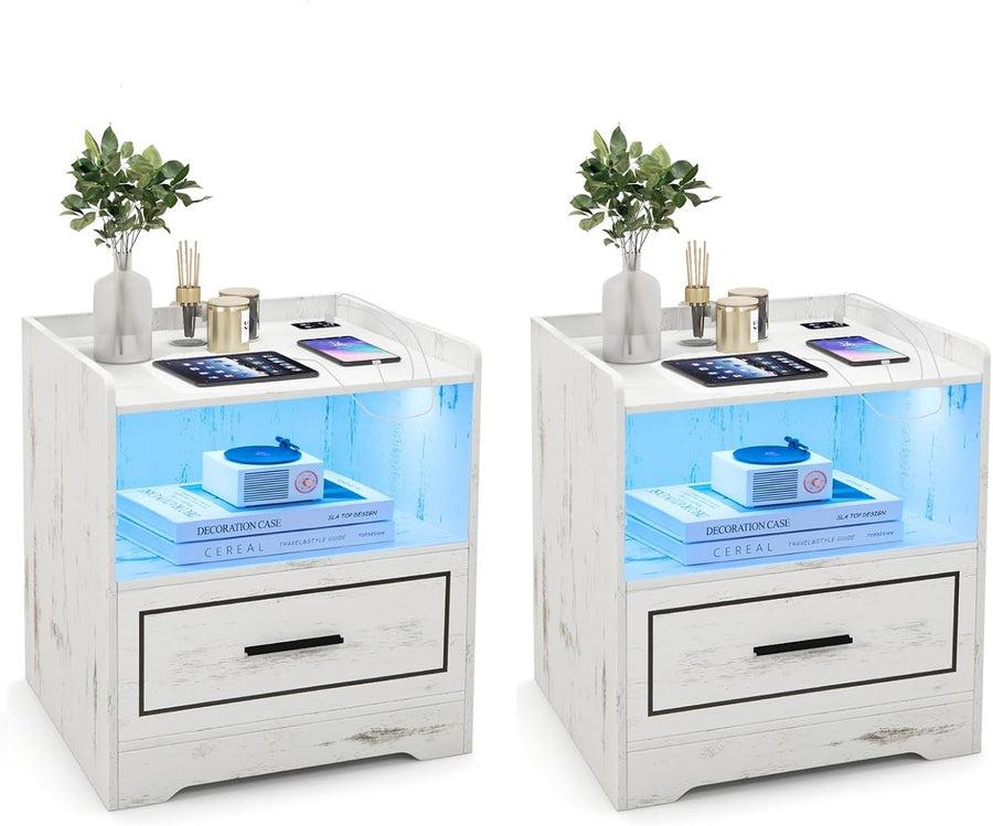 Set of 2 LED Bedside Tables with USB Charging Station & Storage | Modern