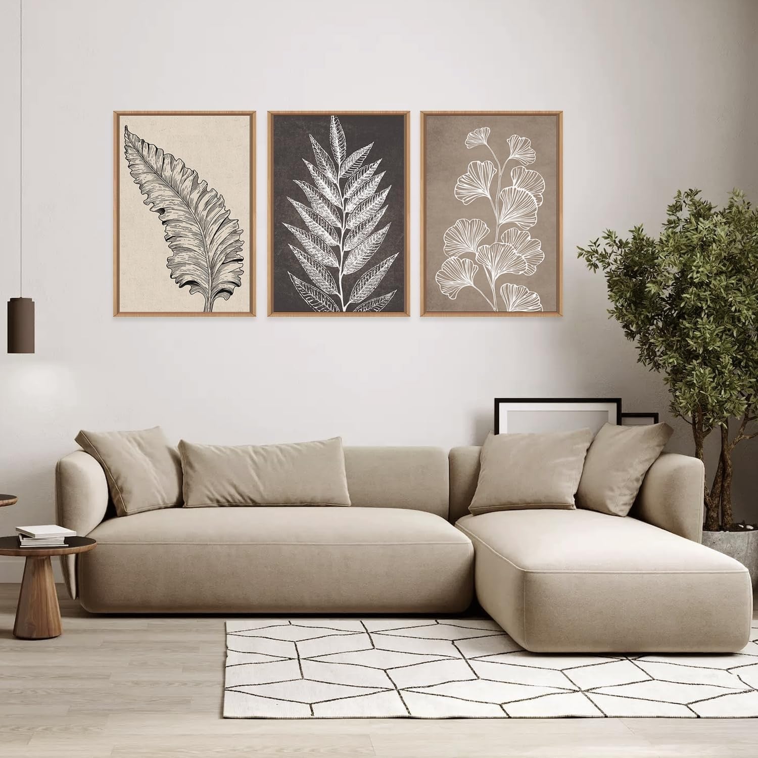 Botanical Leaf Framed Canvas Wall Art Set 3 Neutral Modern Home Decor