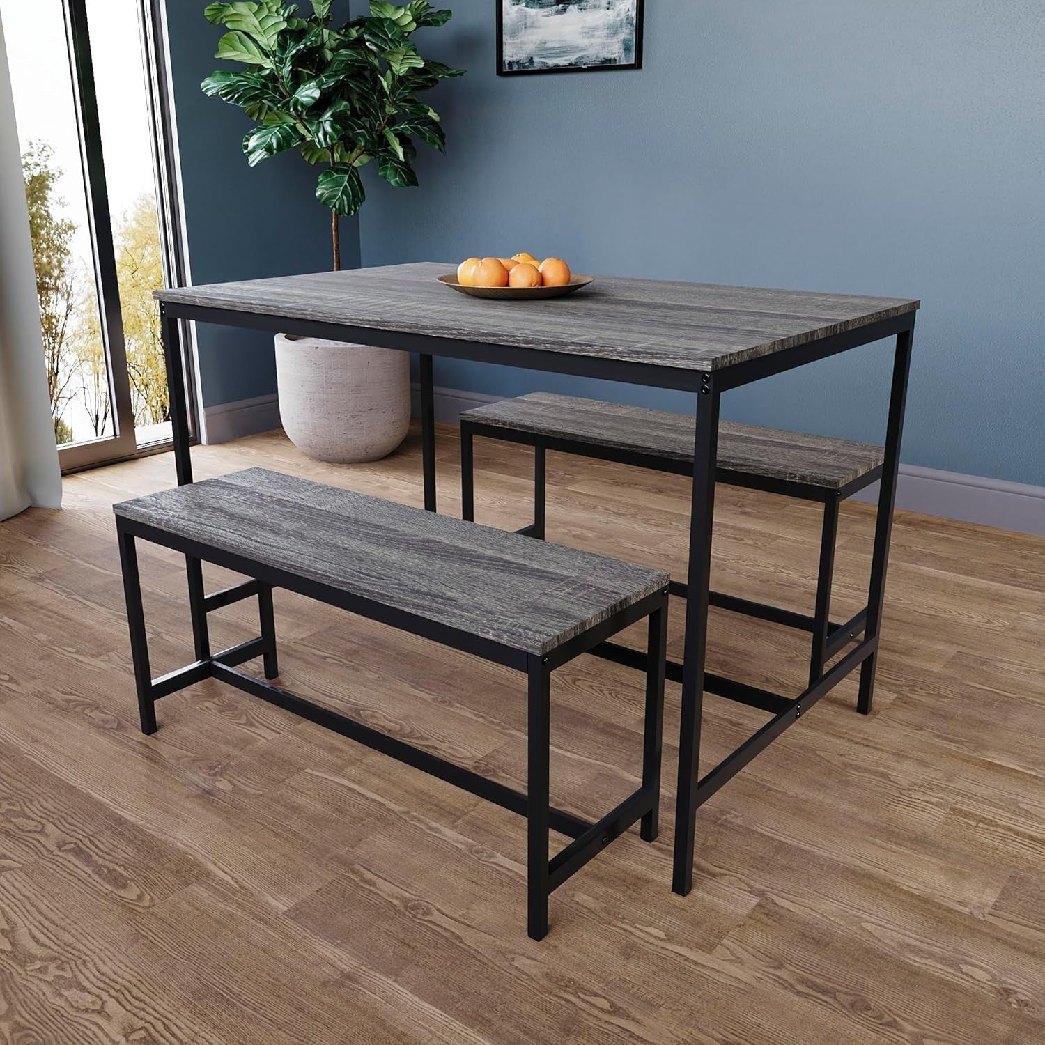 4 Seater Dining Table Set with 2 Benches - Solid Metal Frame, Modern Design