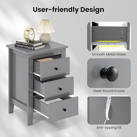 Grey Wooden Bedside Tables Set of 2 – 3 Drawer Modern Nightstands Bedroom