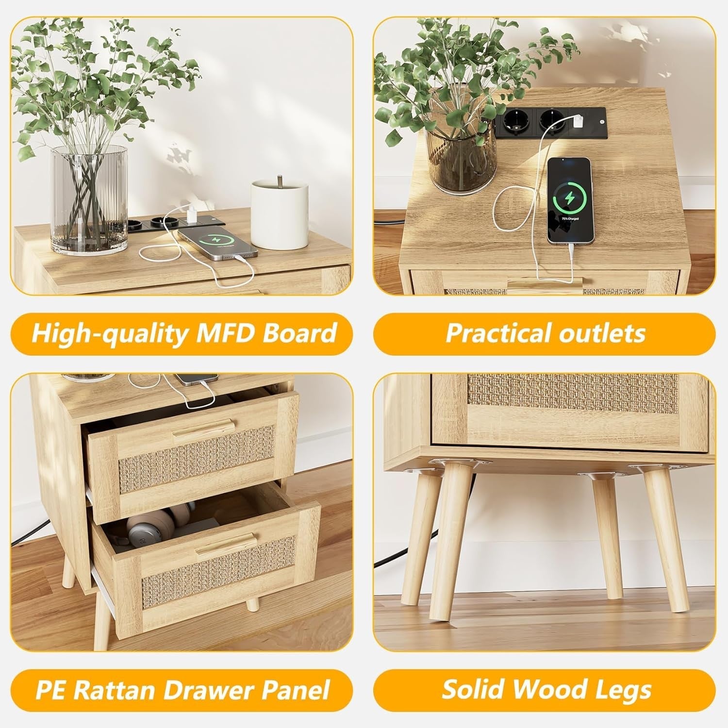 Rattan Bedside Table with 2 Drawers | Natural Wooden Nightstand for Bedroom