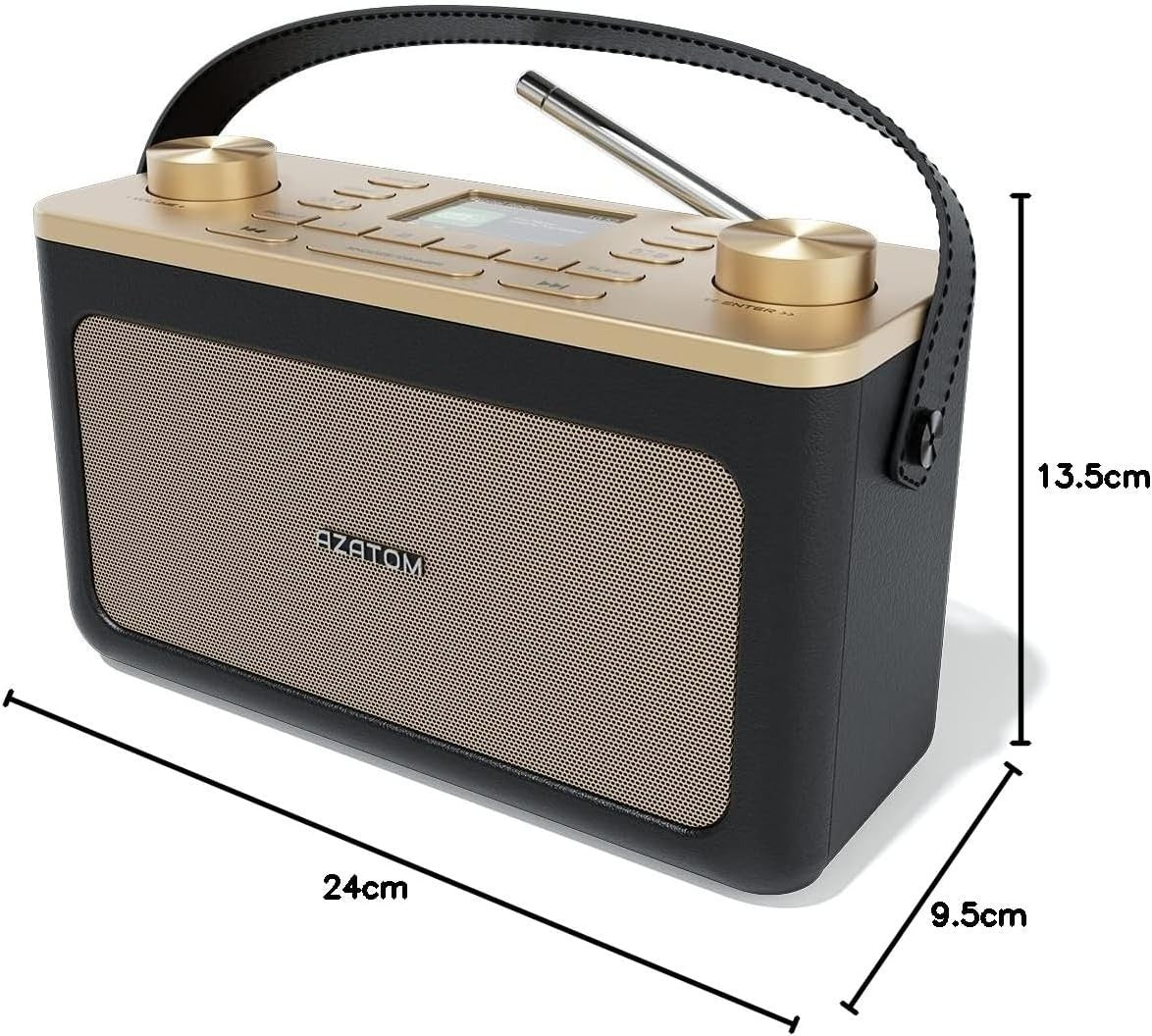 Portable DAB+ FM Radio Bluetooth Dual Alarm Leather Black Gold
