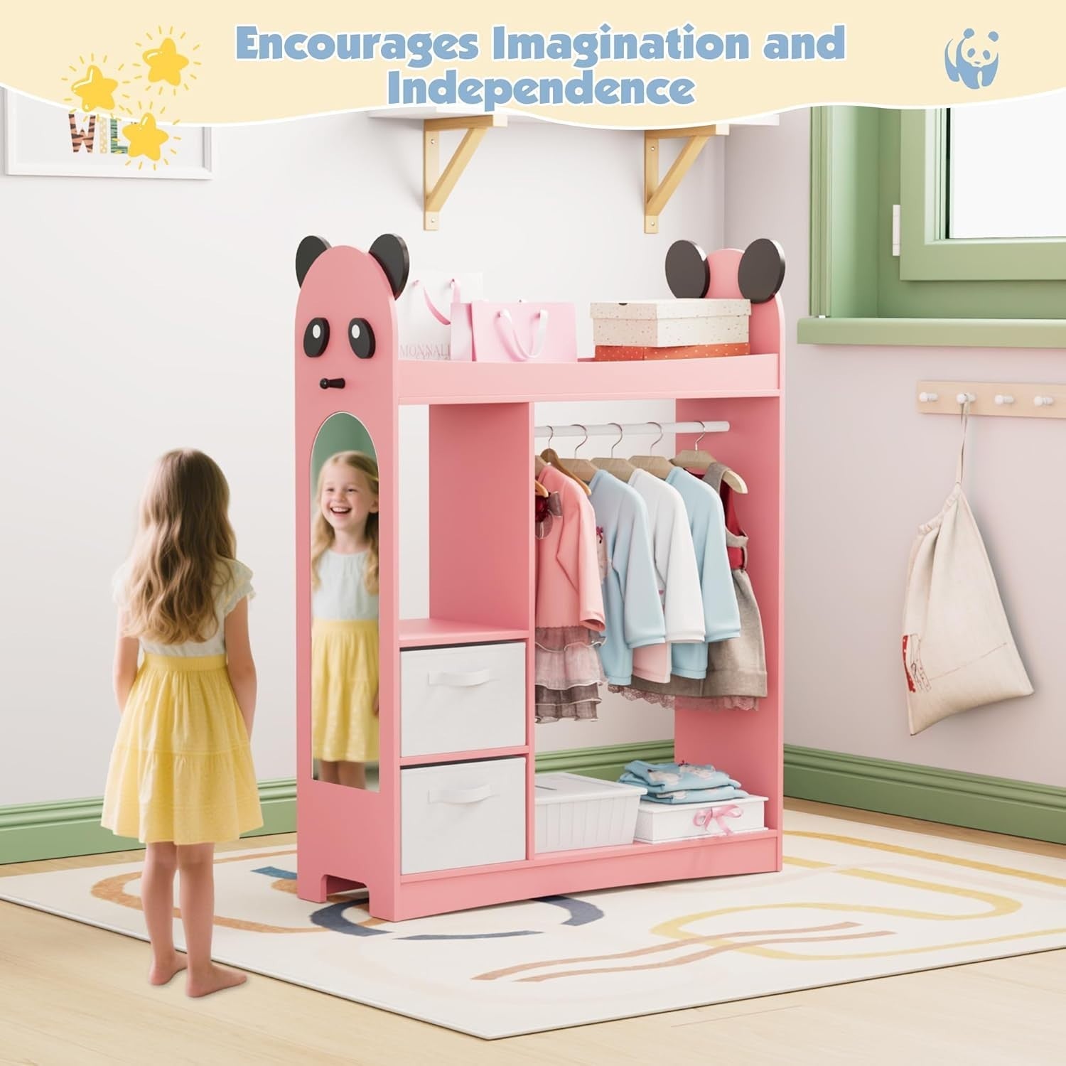 Kids Dress Up Wardrobe with Mirror, Hanging Rail & 2 Drawers Pink Storage