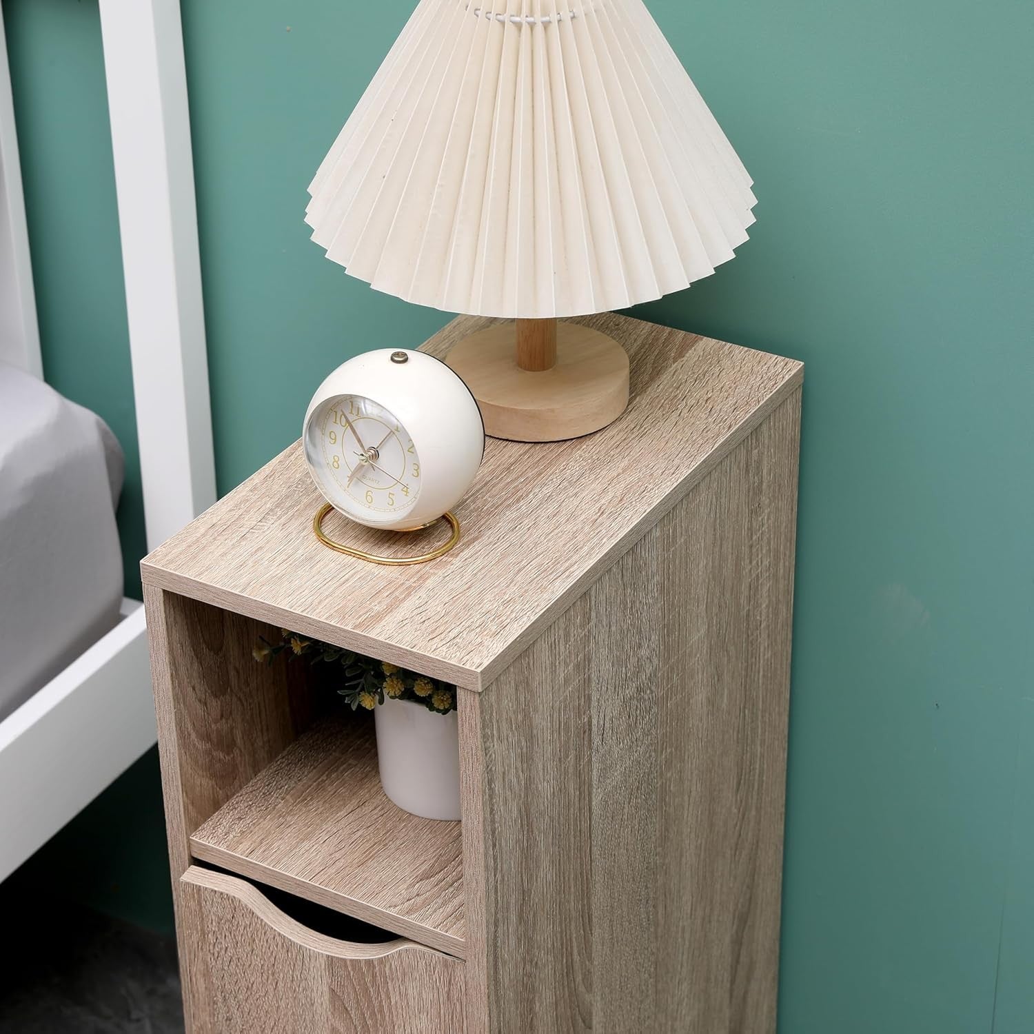 Slim Walnut Bedside Table with Shelf, Narrow Side Cabinet for Small Bedrooms