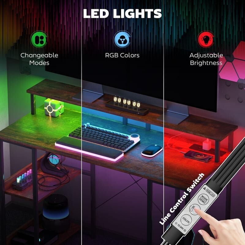 Gaming Desk 120cm w/ LED Lights, USB Charging, Monitor Stand, Shelves