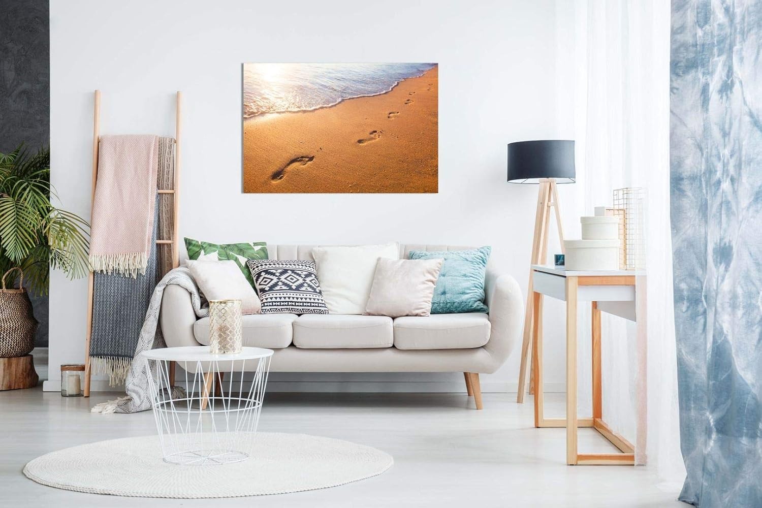 Relaxing Beach Wave Canvas Wall Art Sunset Footprints Ocean Decor Print