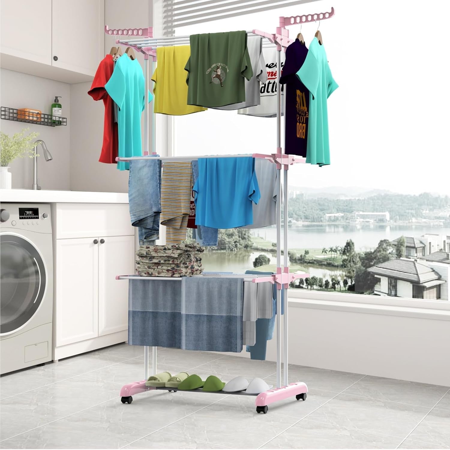 4 Tier Clothes Airer Folding Laundry Drying With Wheels Stainless Steel