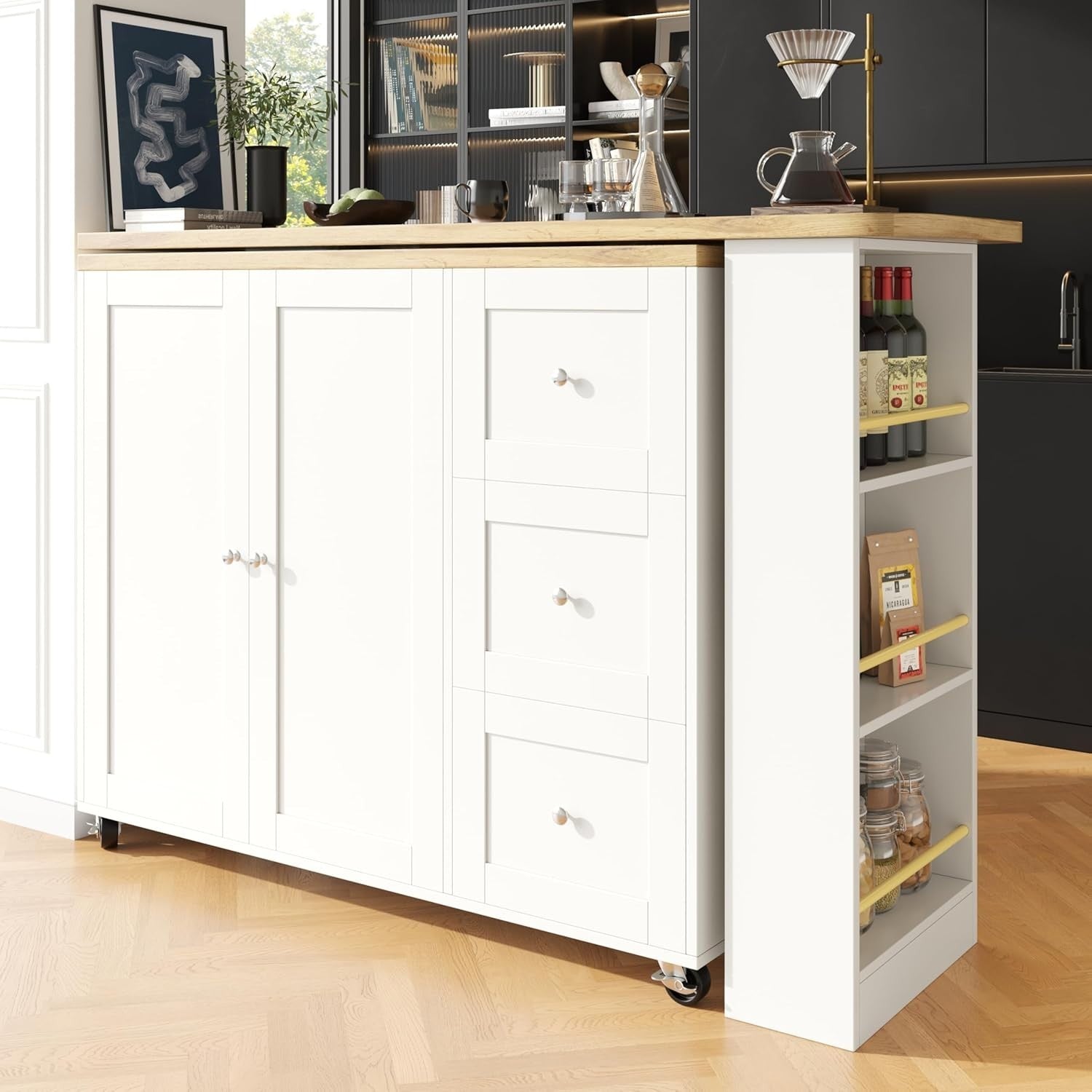360° Swiveling Extendable Kitchen Island Table with Drawers & Snack Rack