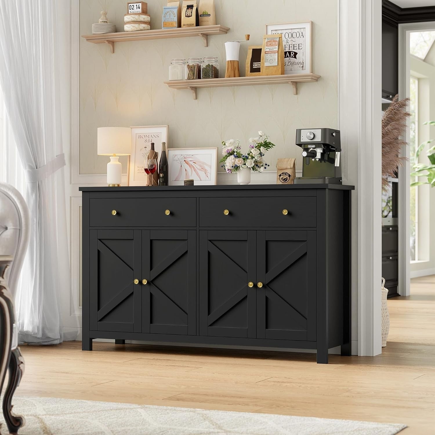 Large Black Kitchen Sideboard 4 Doors 2 Drawers Adjustable Shelves Storage