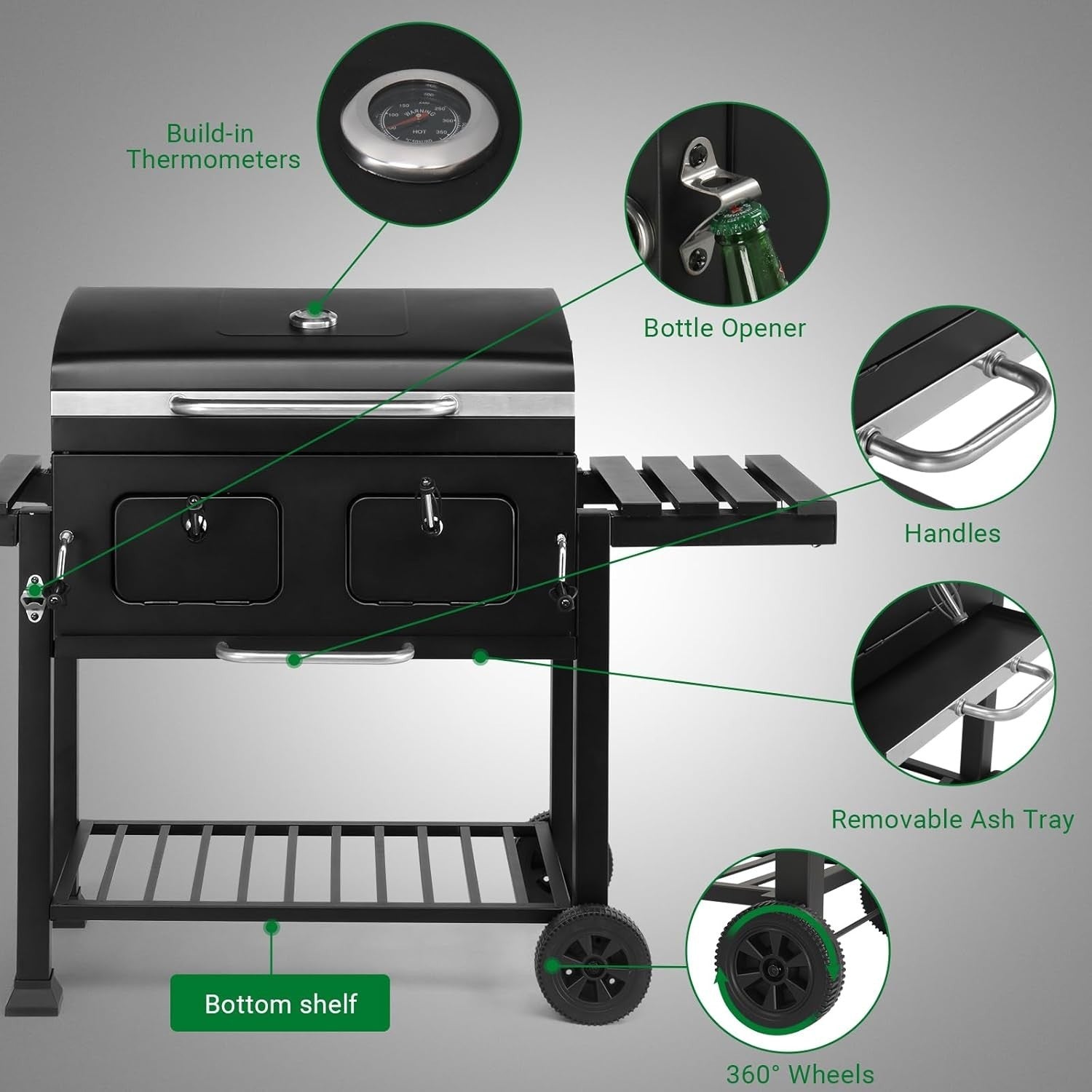 Large Dual-Zone Charcoal BBQ Grill with Adjustable Trays & Temp Gauge for Garden