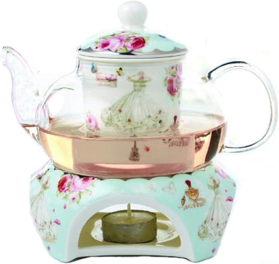 Bone China Teapot with Warmer Tea Infuser Floral Coffee Pot 500ml