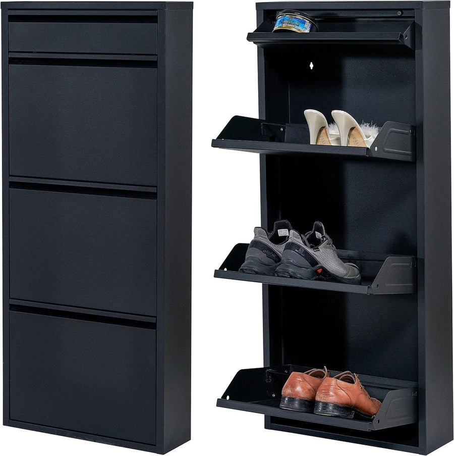 Slim Wall Mounted Shoe Cabinet 3+1 Drawer Metal Storage Organizer Black 114cm