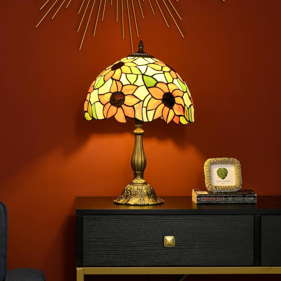 Sunflower Stained Glass Table Lamp Vintage Bedside Light for Bedroom