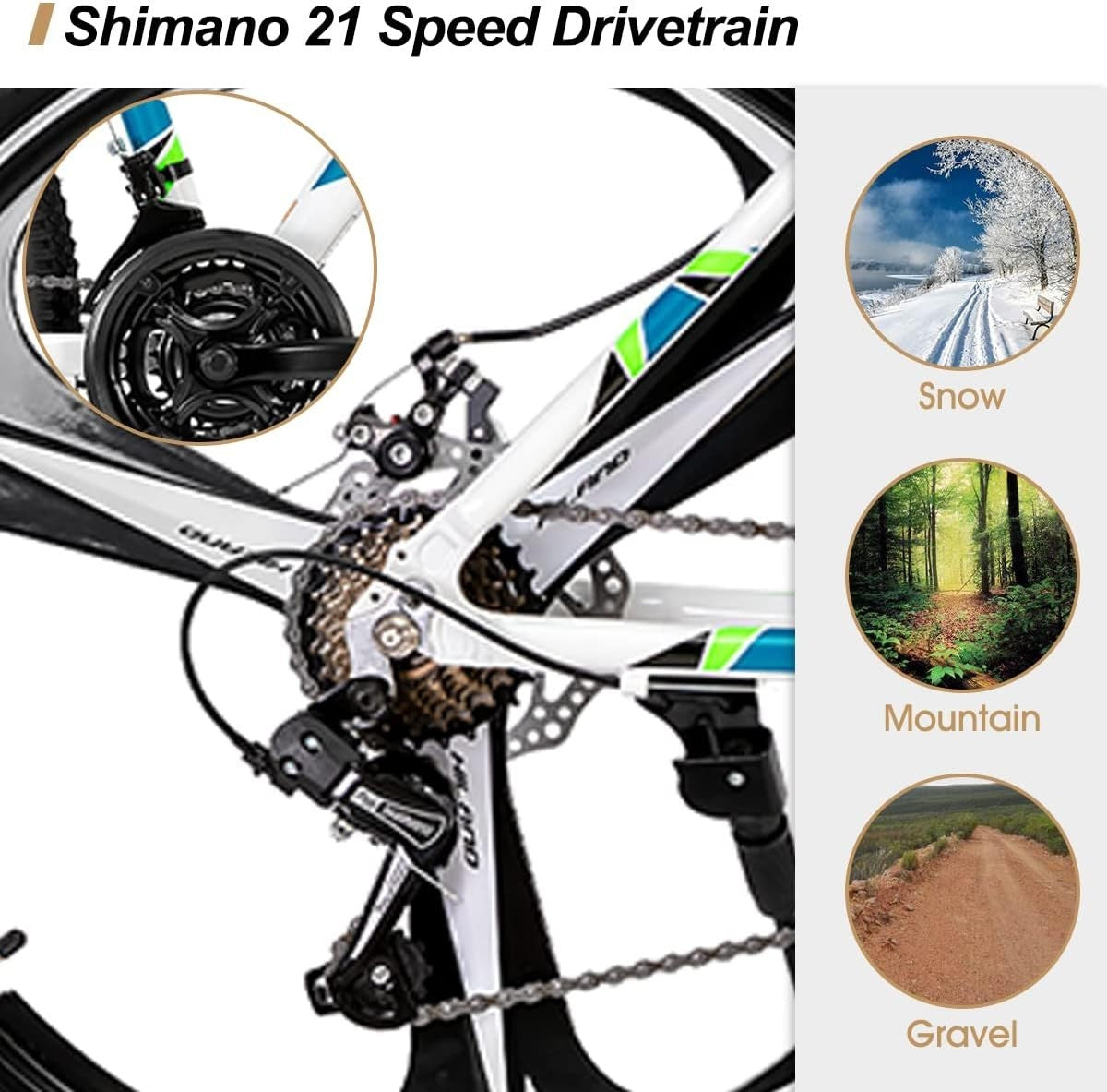 26" Mountain Bike 21-Speed Disc Brake Aluminum Frame MTB for Adults