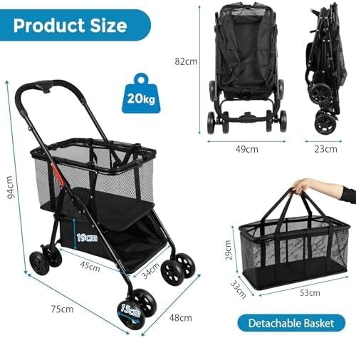 2-Tier Folding Shopping Trolley with 360° Wheels & Removable Bag – Black