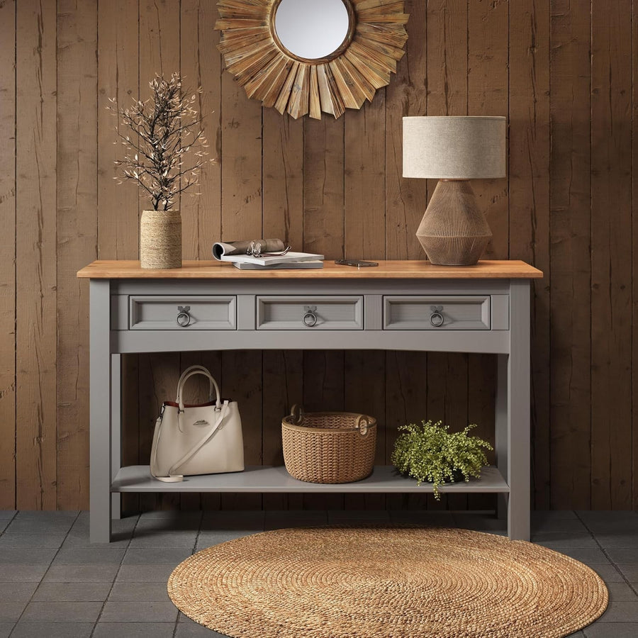 Grey Wax 3 Drawer Console Table | Solid Pine, Rustic Entryway Storage