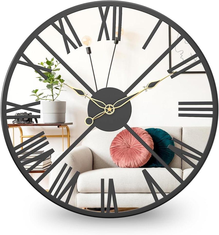 30cm Mirrored Wall Clock – Silent Roman Numeral Metal Frame Modern Design
