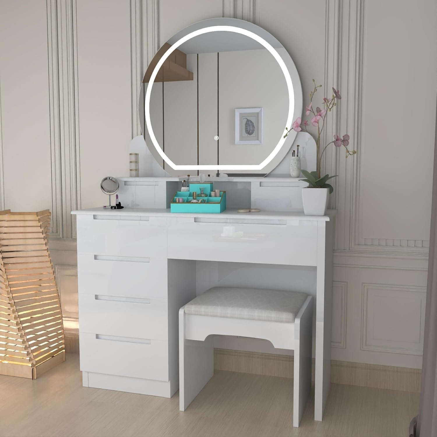 White Dressing Table Makeup Vanity Desk w/ Mirror Modern 5 Drawer High Gloss